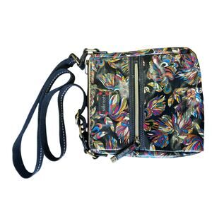 SAKROOTS ARTIST CIRCLE BLACK MULTICOLOR FLORAL CROSSBODY  BOHO ADJUSTABLE STRAPS